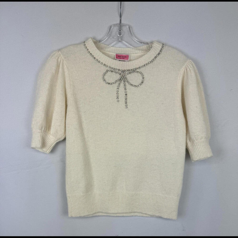 Kate Spade New York Faux Pearl Bow Short Sleeve Wool Sweater Beige Size XS